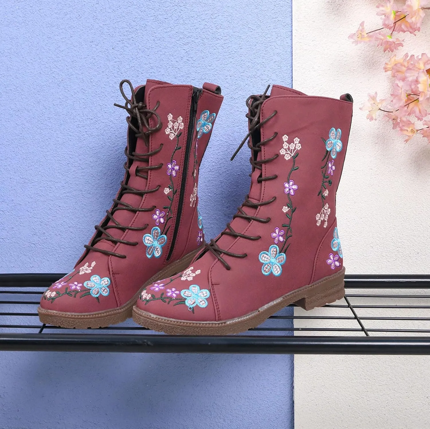Women Low Heel Mid Calf Boots Comfortable Boots for Women Walking Low Chunky Heels Flower Embroidered Lace up Boots