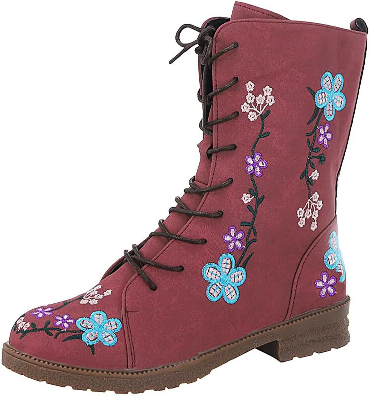 Women Low Heel Mid Calf Boots Comfortable Boots for Women Walking Low Chunky Heels Flower Embroidered Lace up Boots