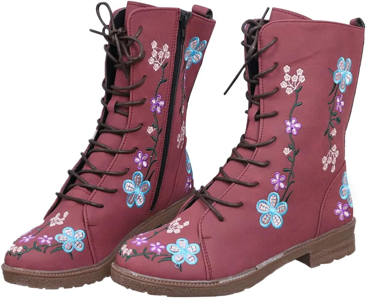 Women Low Heel Mid Calf Boots Comfortable Boots for Women Walking Low Chunky Heels Flower Embroidered Lace up Boots