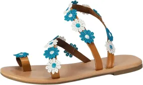 Womens Ethnic Style Beach Sandals Summer Dressy Boho Vacation Flats Trendy Flower Decor Clip Toe Sandal Flip Flops