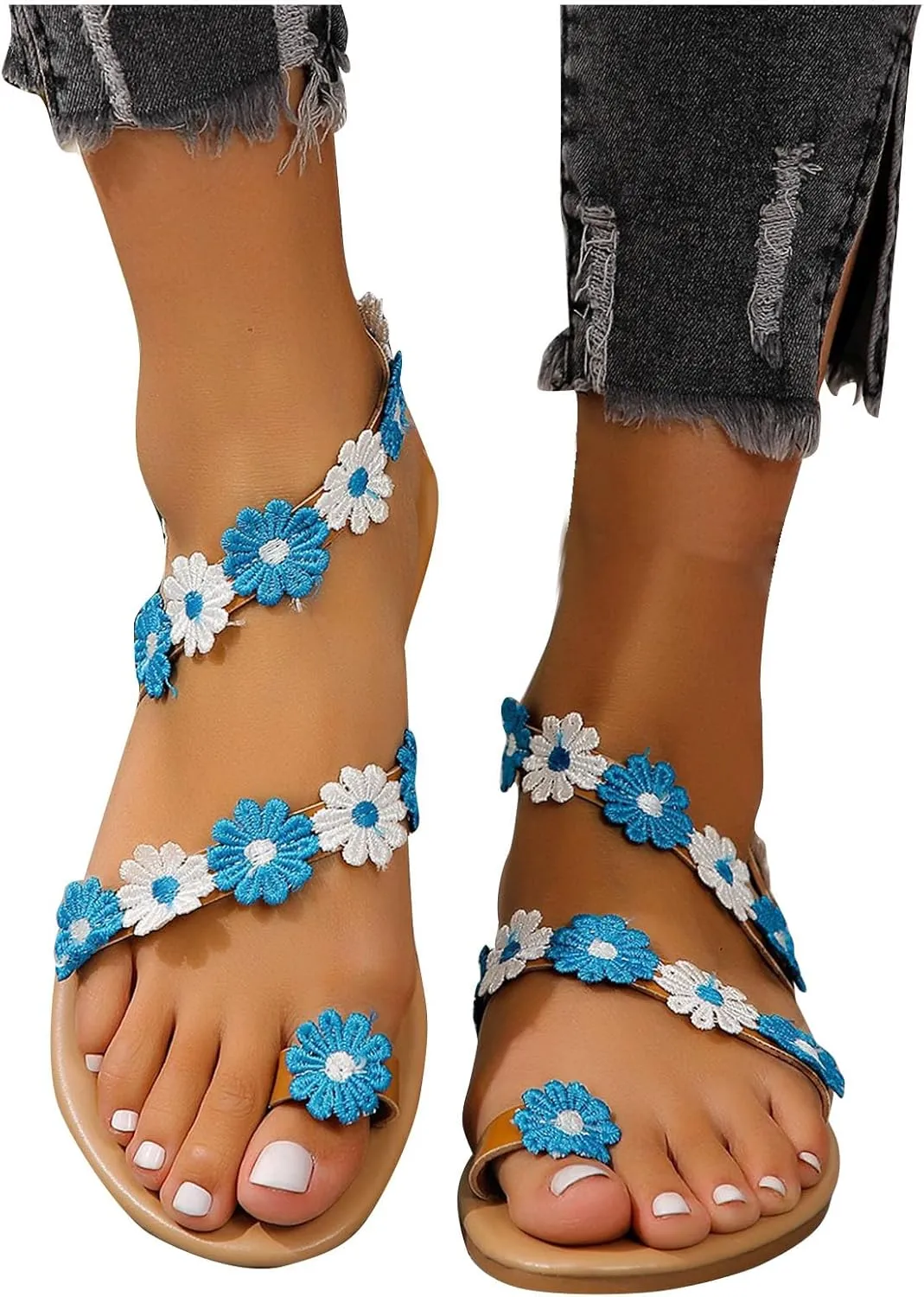 Womens Ethnic Style Beach Sandals Summer Dressy Boho Vacation Flats Trendy Flower Decor Clip Toe Sandal Flip Flops