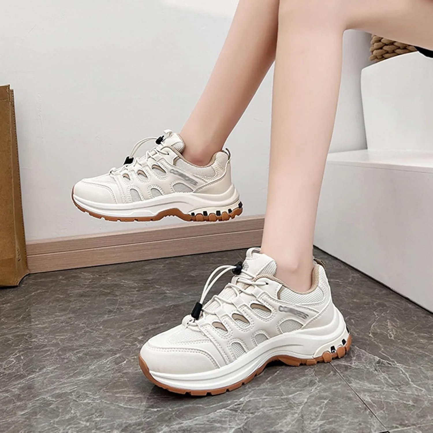 Women's Fashion Sneakers Platform Trainers Lace-up Breathable Mesh Beige - Autumn Casual Dad Sneakers for Women,Beige-39
