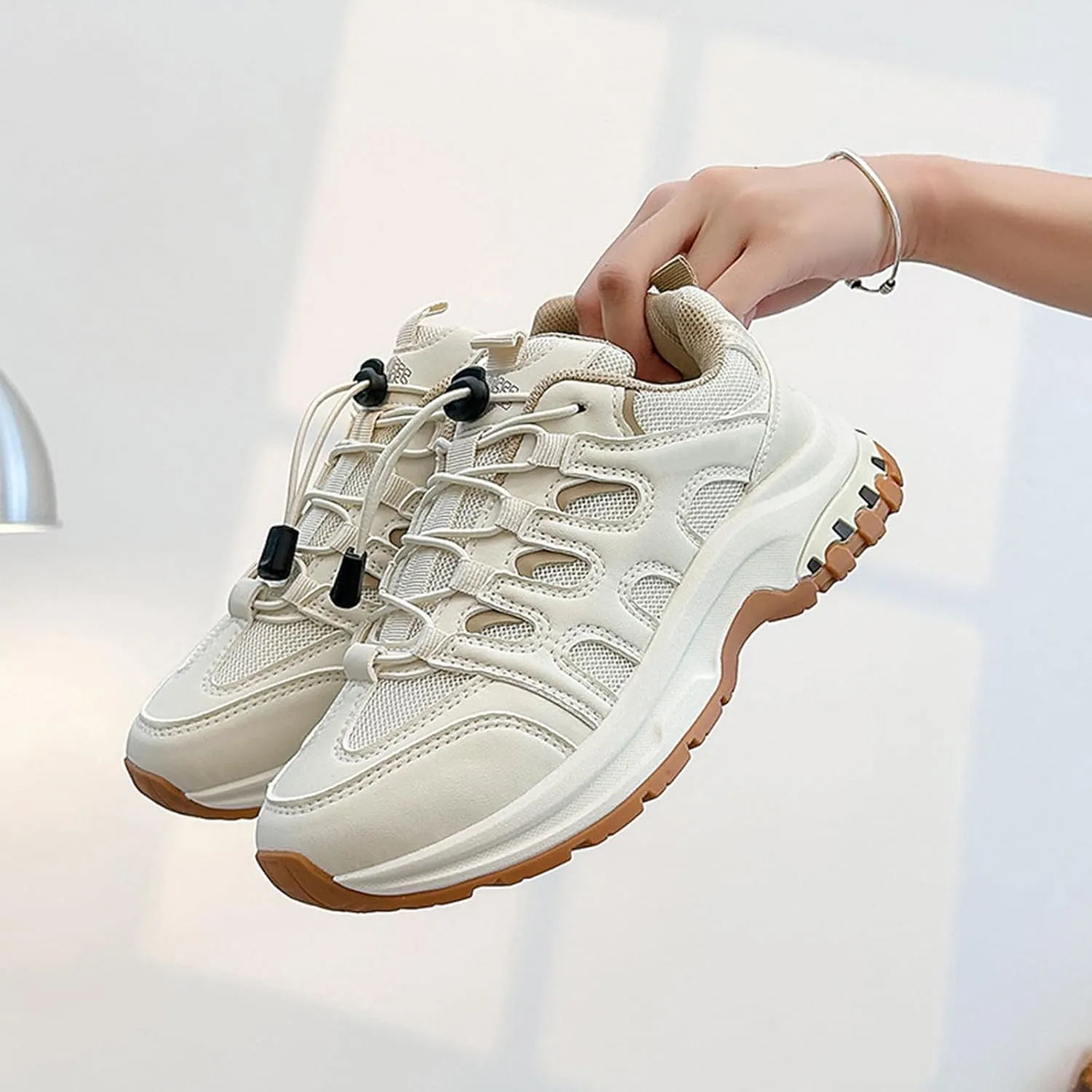 Women's Fashion Sneakers Platform Trainers Lace-up Breathable Mesh Beige - Autumn Casual Dad Sneakers for Women,Beige-39