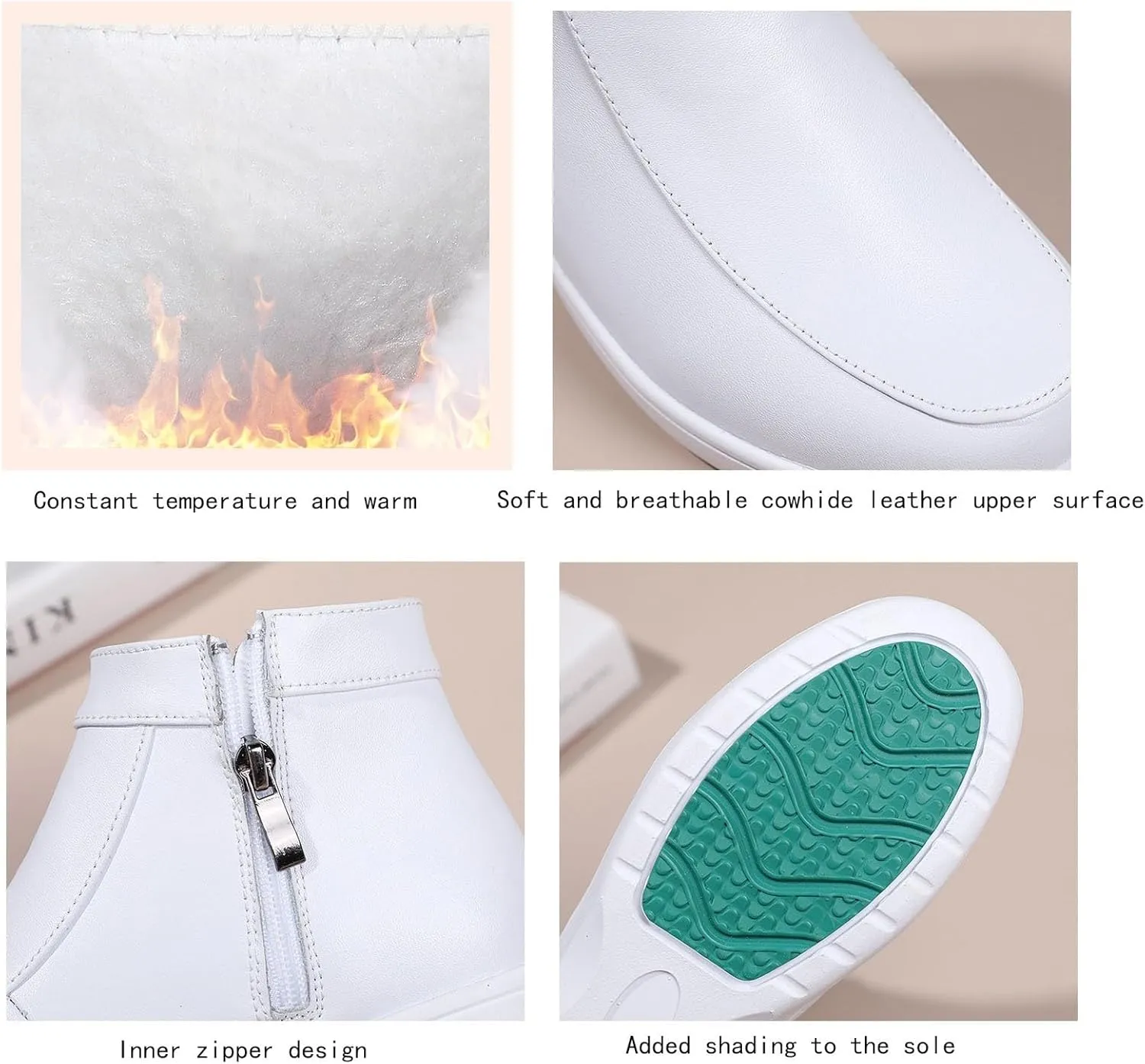 Women's Leather High Top Fur Lining Air Cushion Side Zipper Nurse Shoes, Winter White Air Cushion Non-Slip Cushion Wedge Shoes, for Hospital Work, Nurse, Doctors