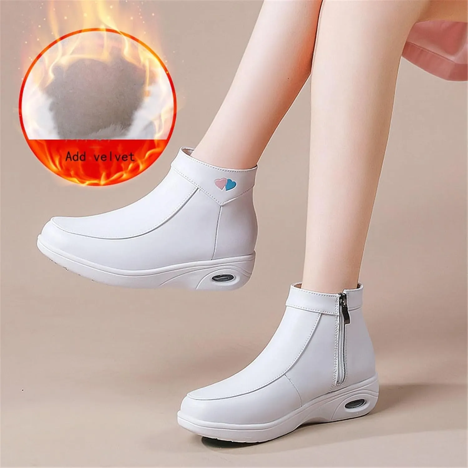 Women's Leather High Top Fur Lining Air Cushion Side Zipper Nurse Shoes, Winter White Air Cushion Non-Slip Cushion Wedge Shoes, for Hospital Work, Nurse, Doctors