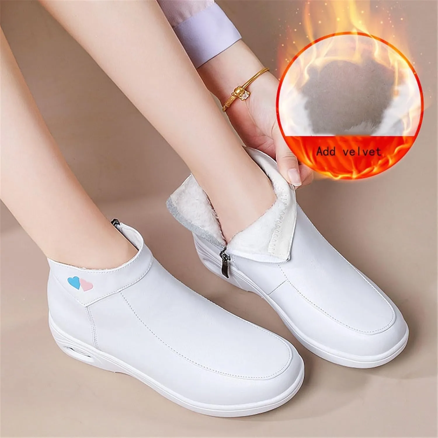 Women's Leather High Top Fur Lining Air Cushion Side Zipper Nurse Shoes, Winter White Air Cushion Non-Slip Cushion Wedge Shoes, for Hospital Work, Nurse, Doctors