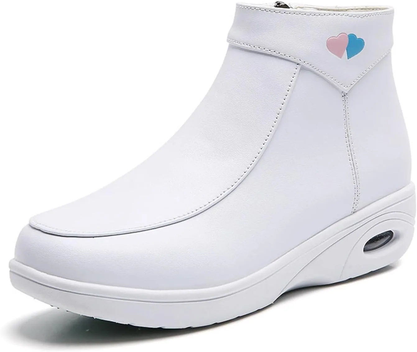 Women's Leather High Top Fur Lining Air Cushion Side Zipper Nurse Shoes, Winter White Air Cushion Non-Slip Cushion Wedge Shoes, for Hospital Work, Nurse, Doctors