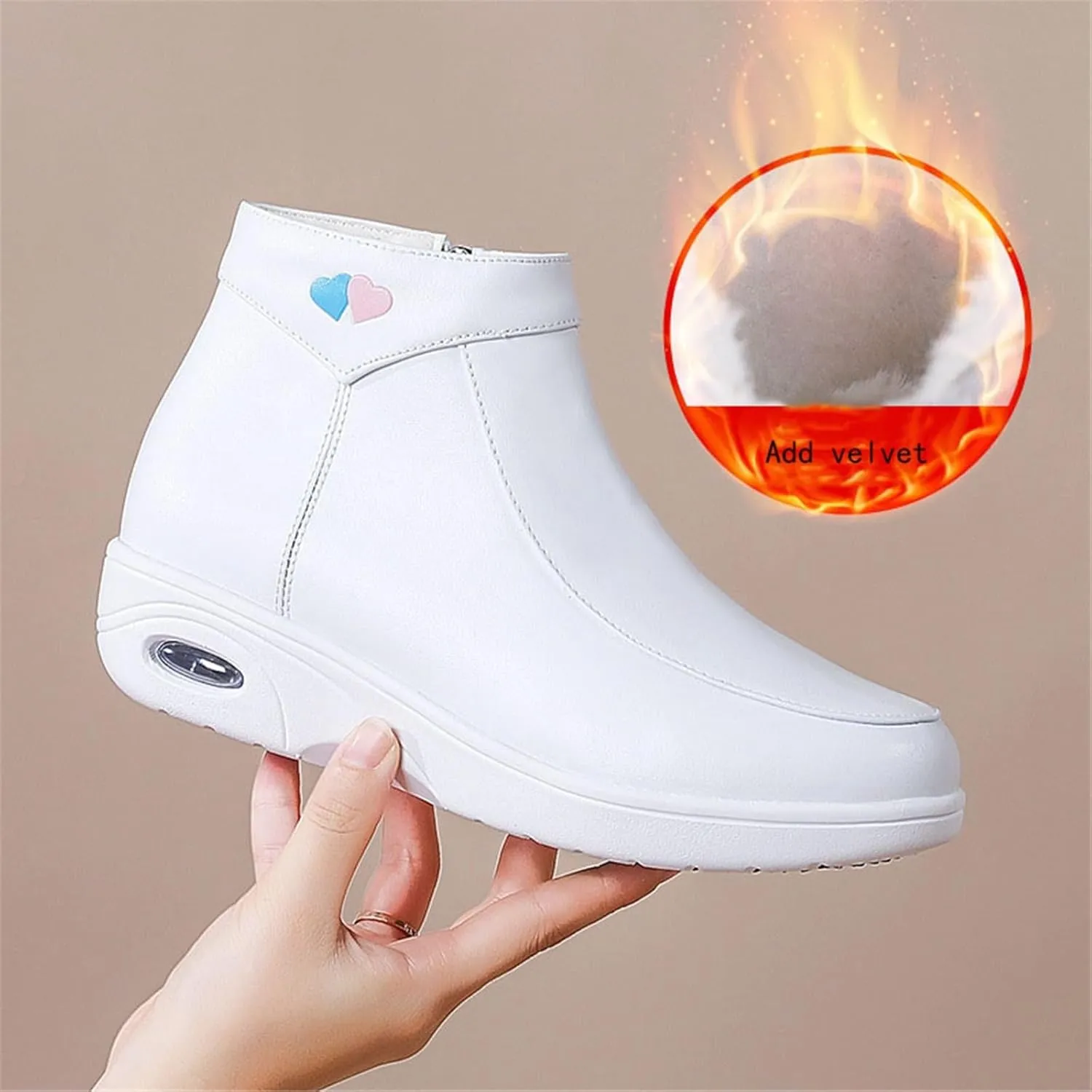 Women's Leather High Top Fur Lining Air Cushion Side Zipper Nurse Shoes, Winter White Air Cushion Non-Slip Cushion Wedge Shoes, for Hospital Work, Nurse, Doctors